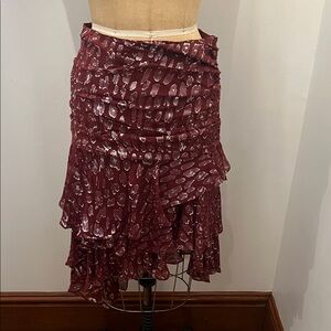 Veronica Beard Metallic Silver Print Burgundy Ruffled High Low Party Skirt 6